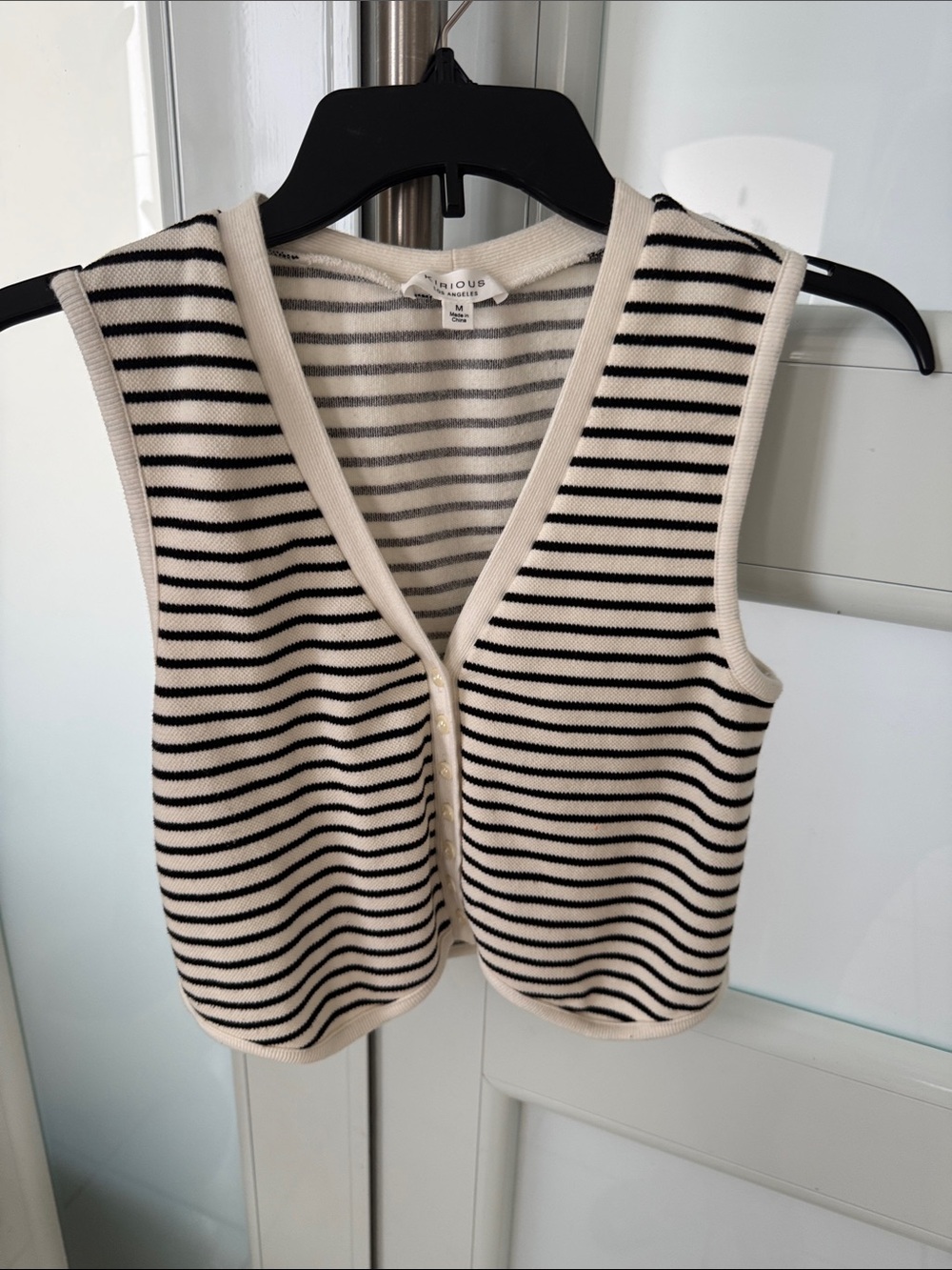 Striped Knit Button Vest in Black and Cream
